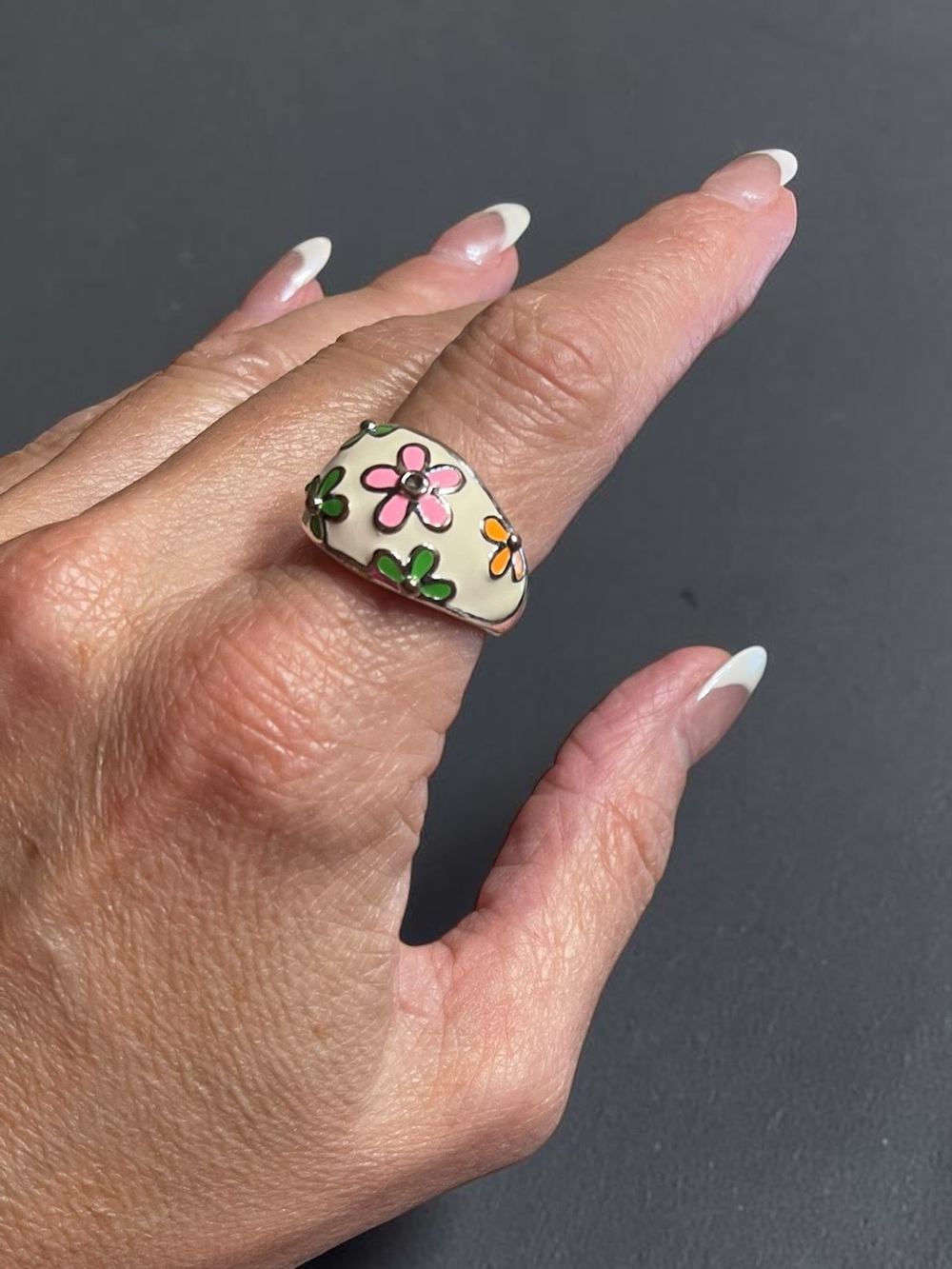 DaVinci Floral Enamel Dome Ring Silver Tone Pink Orange Flowers Sz 9